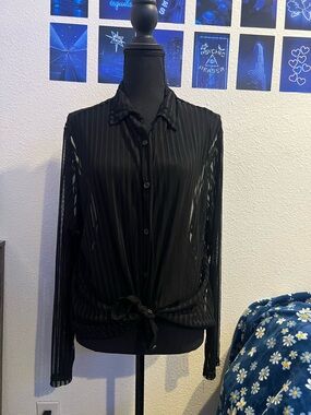 Black Sheer Button-Up Tie-Front Blouse